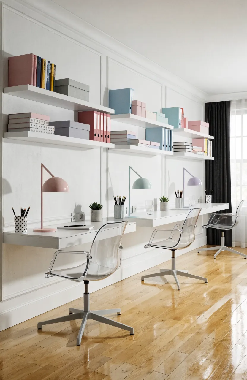 Three white floating desks with matching shelves and acrylic chairs lined up against a bedroom wall.