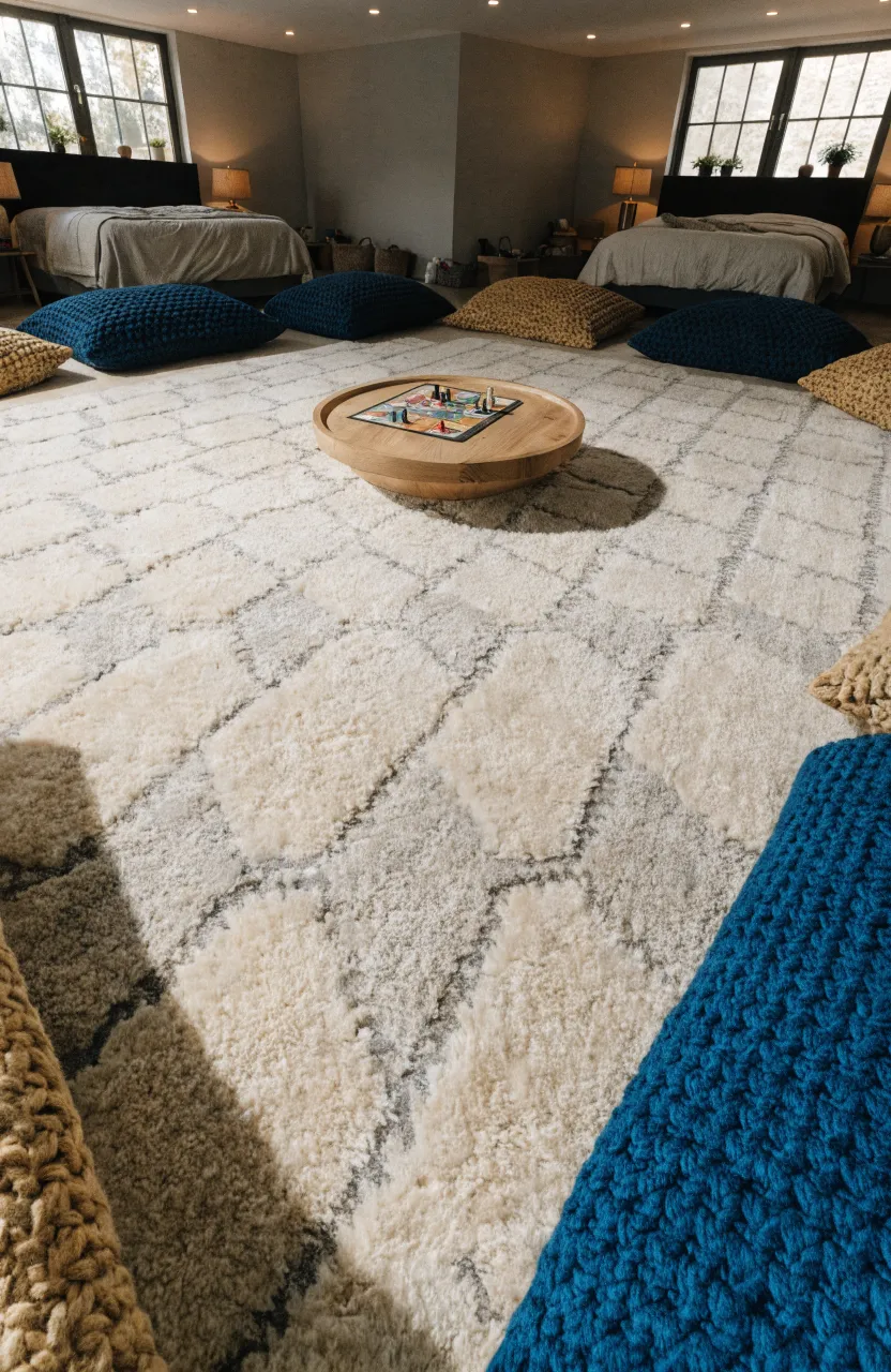 A large plush geometric rug in the center of a bedroom with floor cushions and a low table.