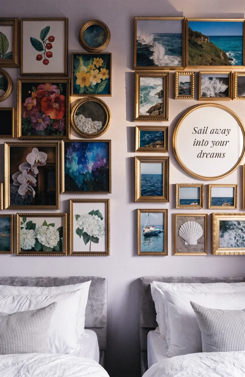 Two distinct gallery walls with gold frames hanging above separate beds in a shared room.