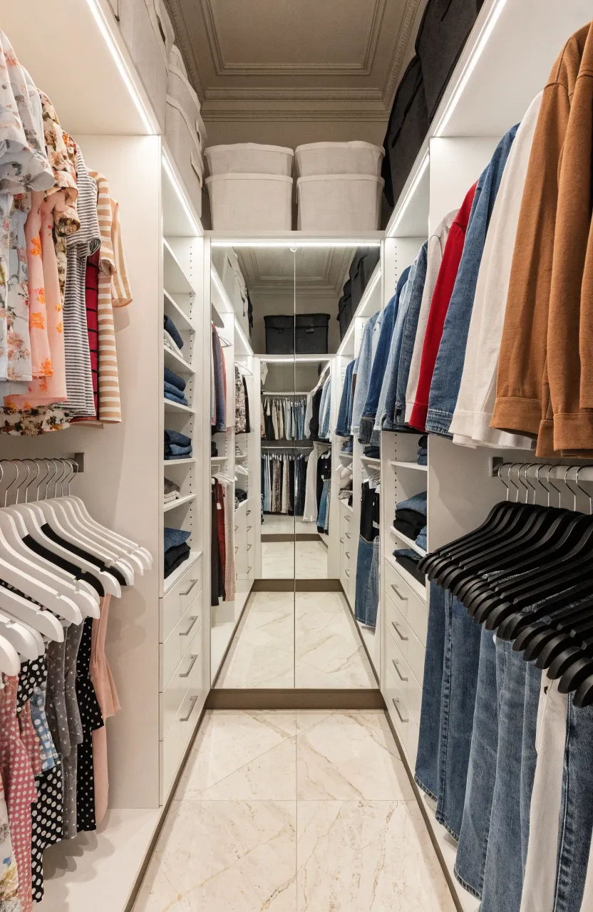 A shared walk-in closet split with white hangers on one side and black hangers on the other.
