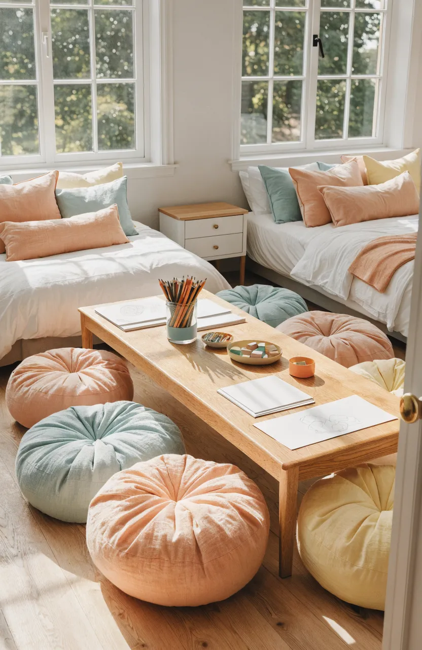 A low wooden table surrounded by colorful floor cushions and art supplies in a bright bedroom.