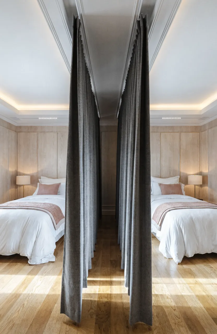 A large modern shared bedroom divided by a floor-to-ceiling gray blackout curtain on a heavy-duty track.