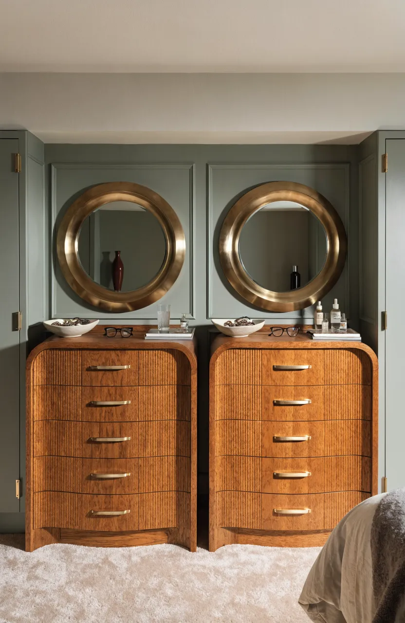 Symmetrical bedroom layout featuring two identical oak dressers with round brass mirrors for two sisters.