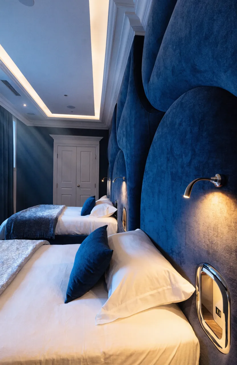 Two beds with custom navy headboards featuring built-in reading lights and charging ports in a shared room.