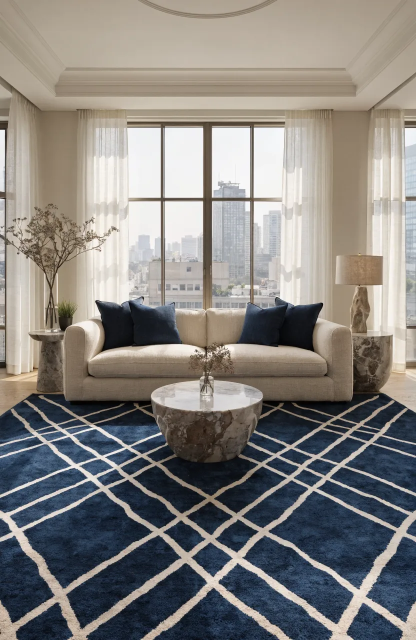 A modern living room with a cream linen sofa on a navy blue geometric patterned rug.