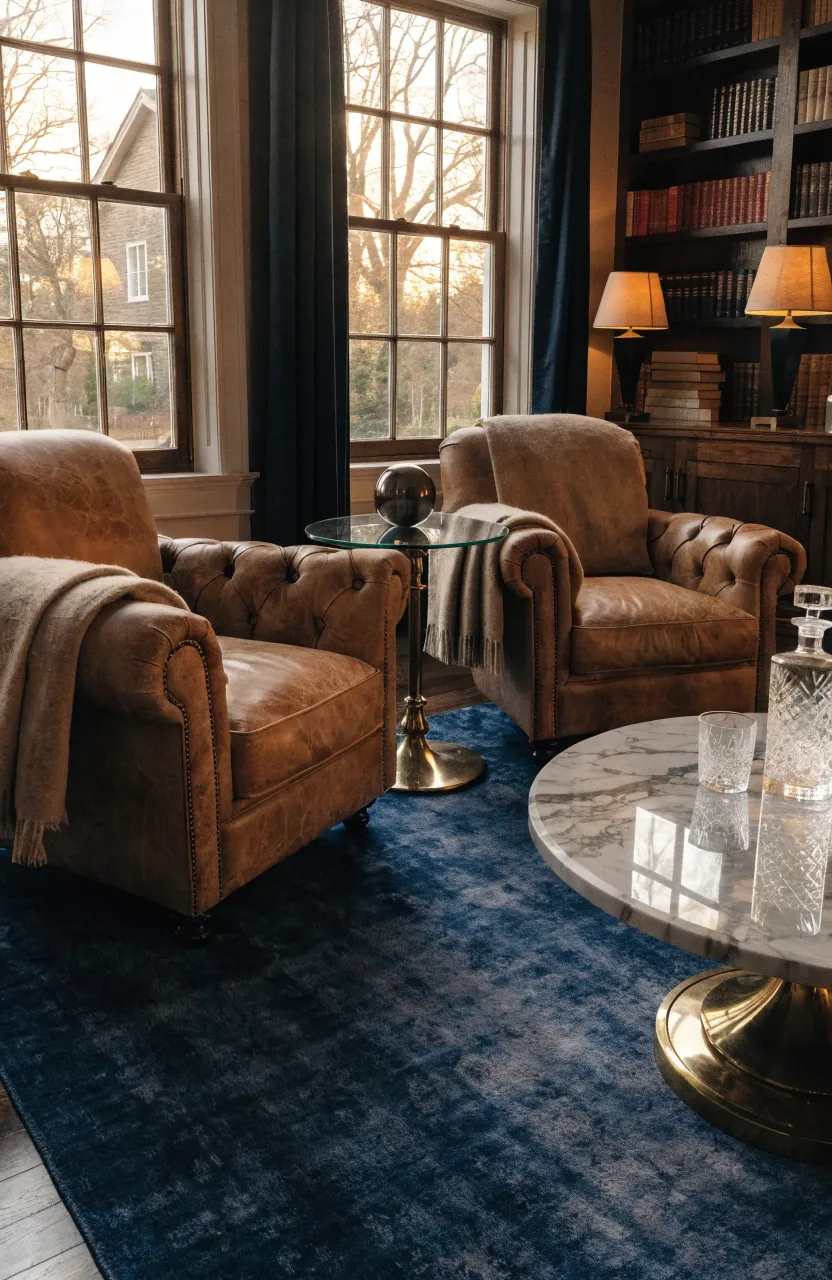 Two tan leather armchairs placed on a solid dark blue rug in a sunlit room.
