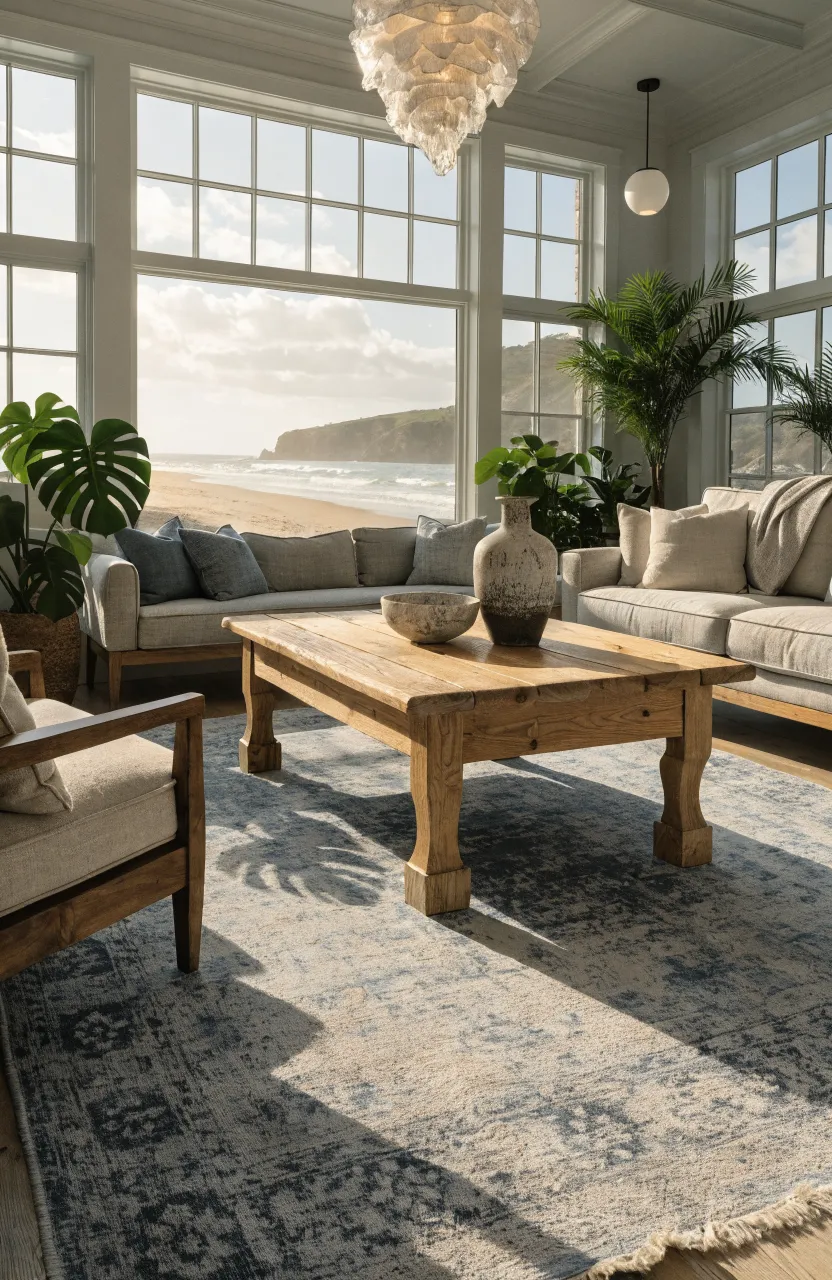 A distressed blue-grey rug under a light wood coffee table in a bright living room.