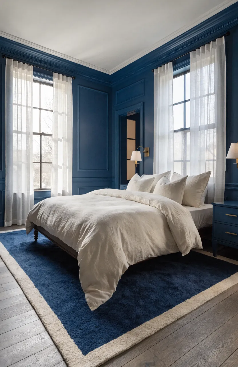 A cozy bedroom with a navy wool rug under a bed with cream-colored bedding.