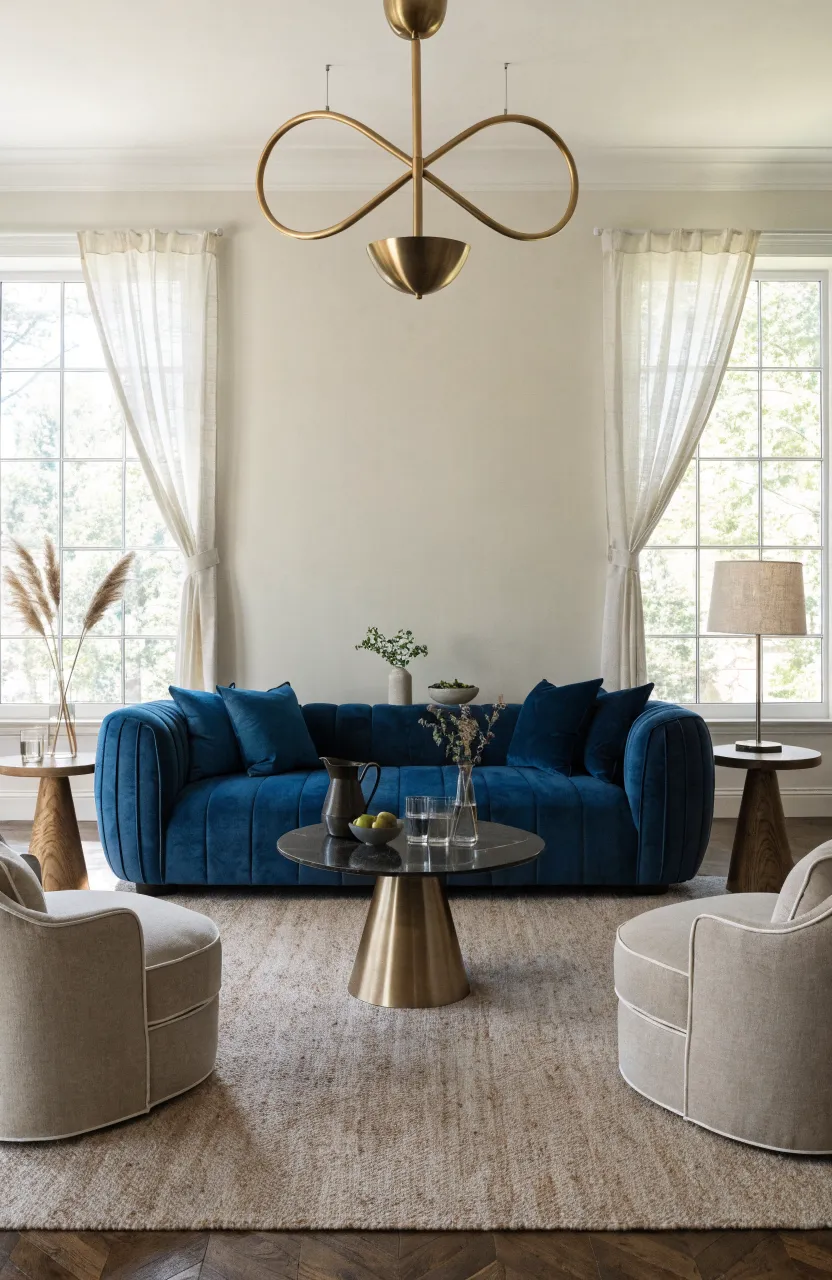 A navy blue sofa placed on a neutral sand-colored beige rug in a bright room.