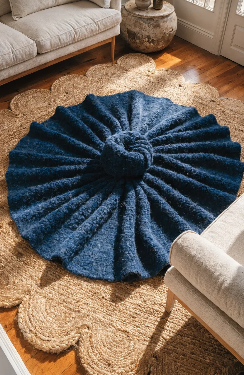 A navy blue rug layered on top of a larger natural beige jute rug in a living room.