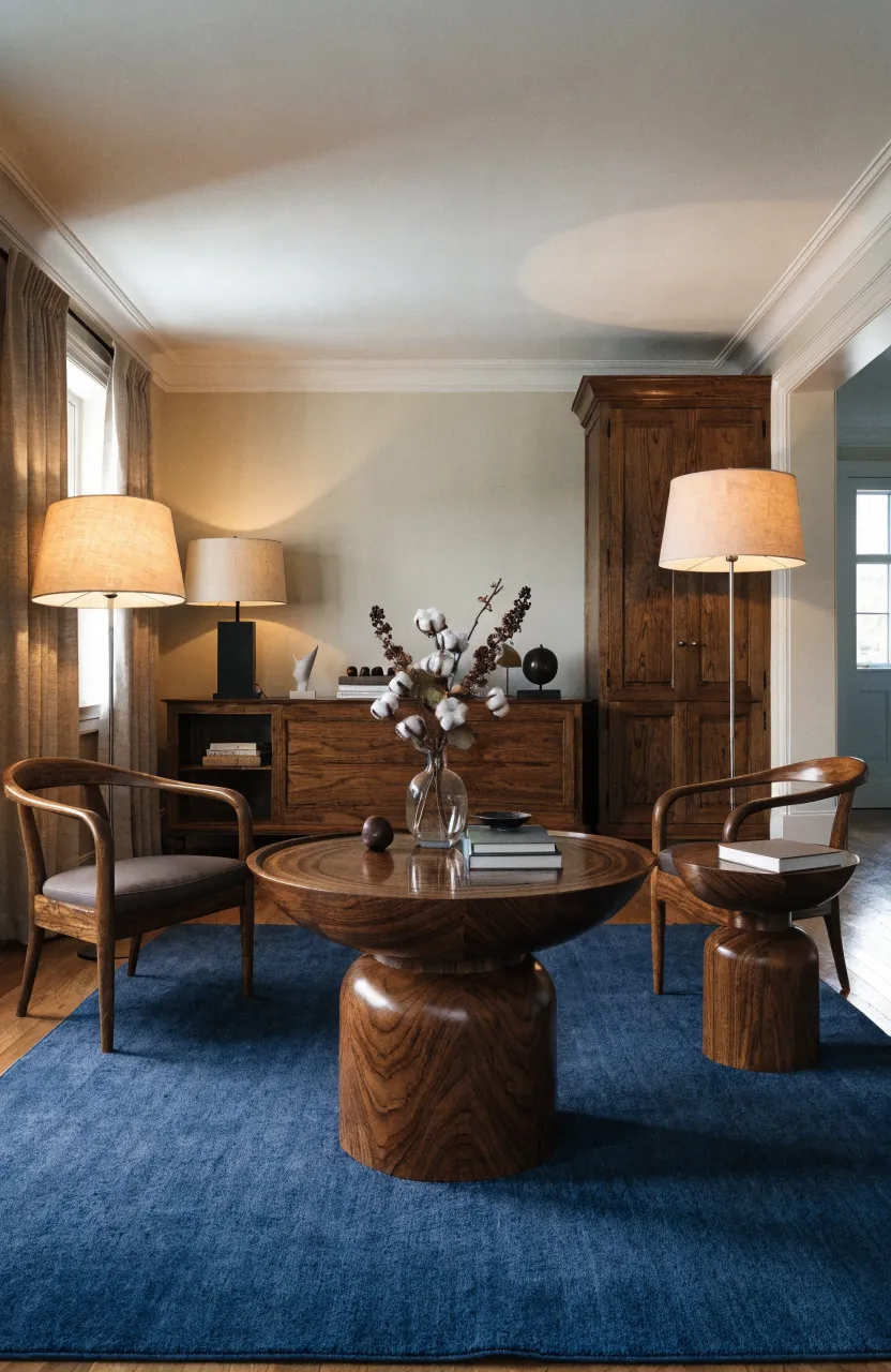 Dark walnut wood furniture set against a navy blue rug with beige curtains in the background.