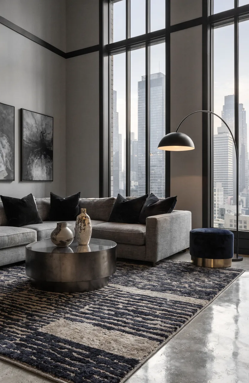 Modern living room with a navy and gray rug, light gray sofa, and charcoal accents.