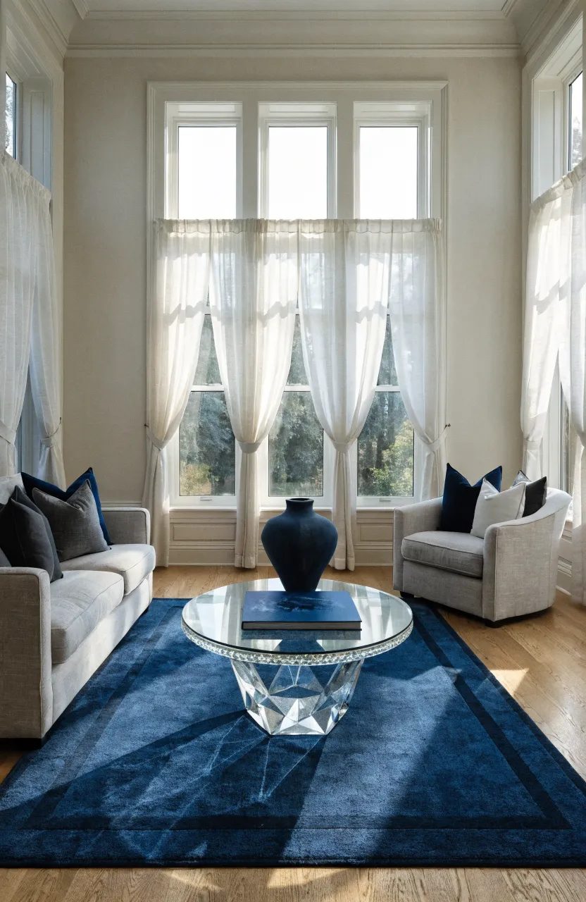 A navy blue rug creates a sharp contrast against off-white walls in a bright living room.