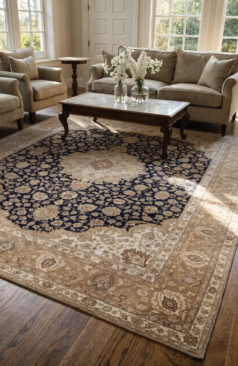Intricate Persian navy rug with beige borders under solid beige furniture in a traditional room.
