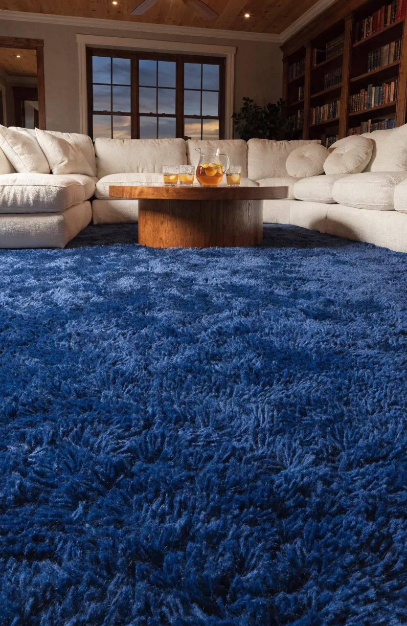 Cozy family room with a thick navy shag rug and low-profile white furniture.