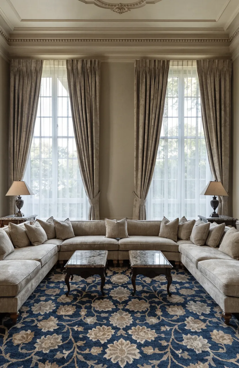 A large beige sectional sofa sits atop a navy rug with a beige floral pattern.
