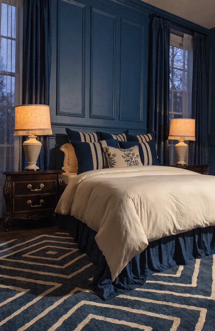 Polished bedroom with a navy and cream rug and matching decorative throw pillows.