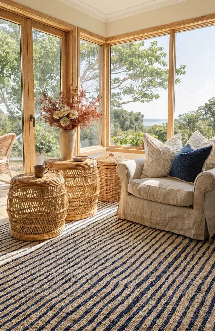 Casual living room with a woven navy and beige rug and natural rattan furniture.
