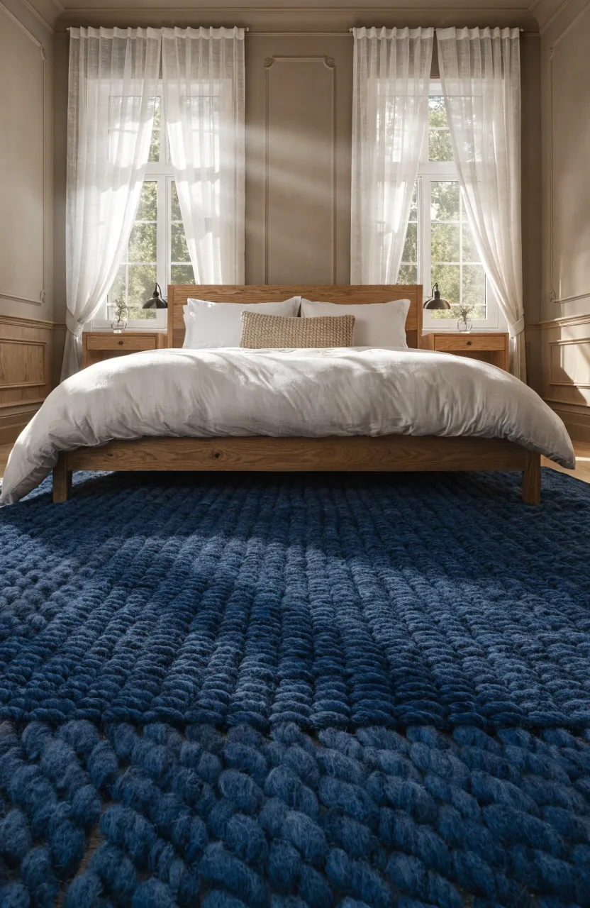 A navy flatweave rug under a light wood bed frame in a bright, modern beige bedroom.