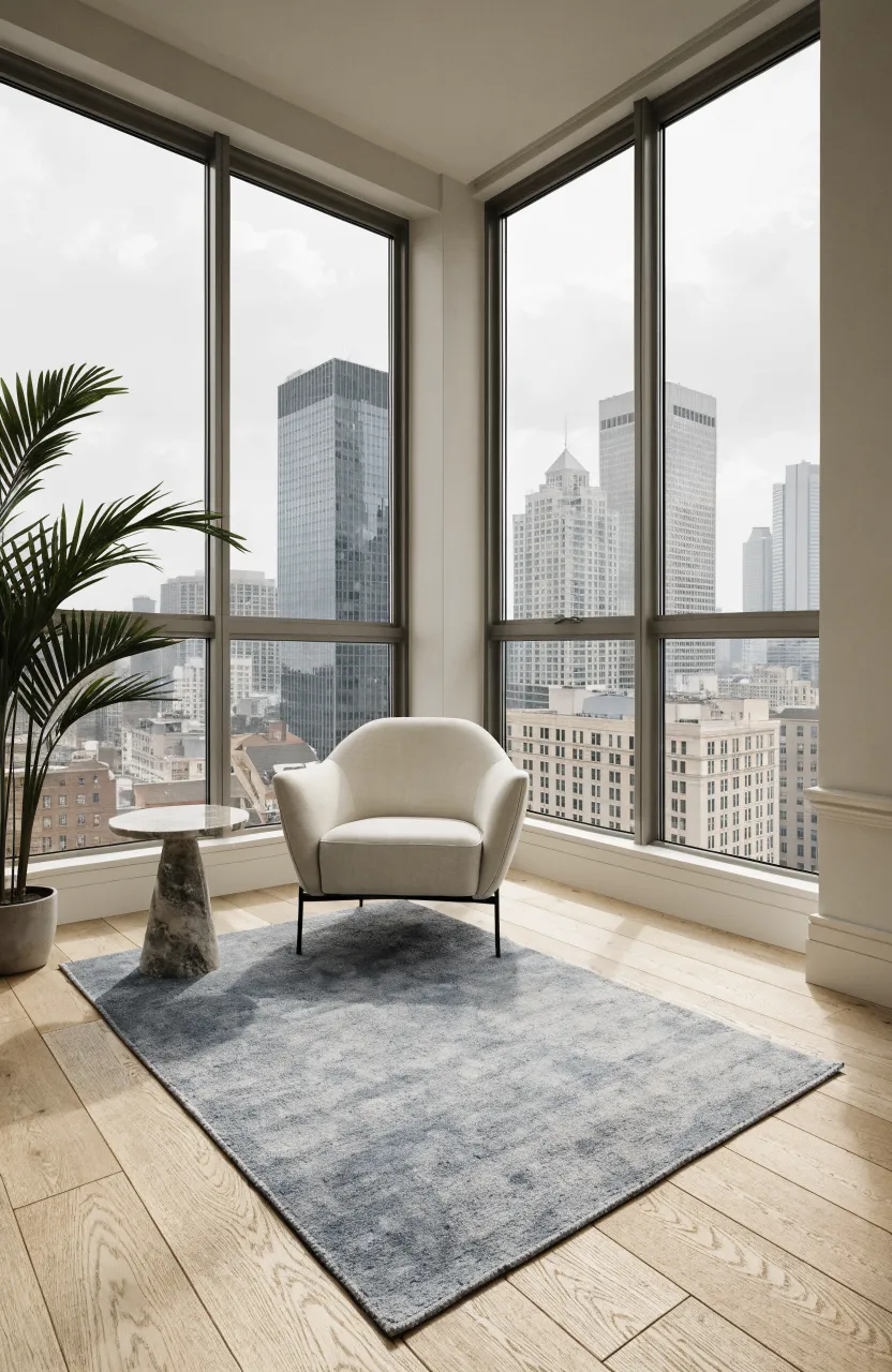 A minimalist living room with a blue-grey rug on light oak floors and white furniture.