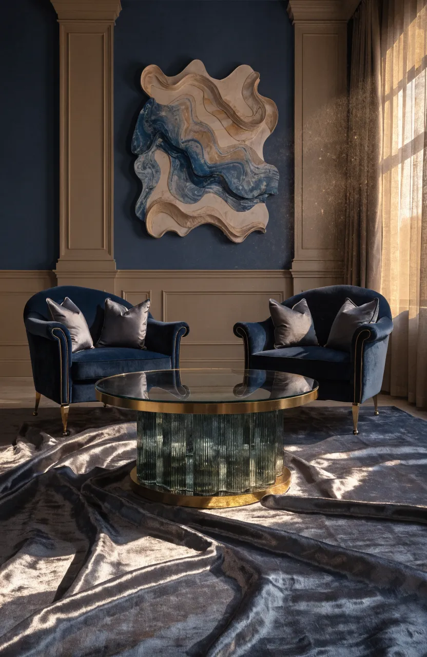A luxurious navy and slate silk rug in a formal living room with navy velvet chairs.