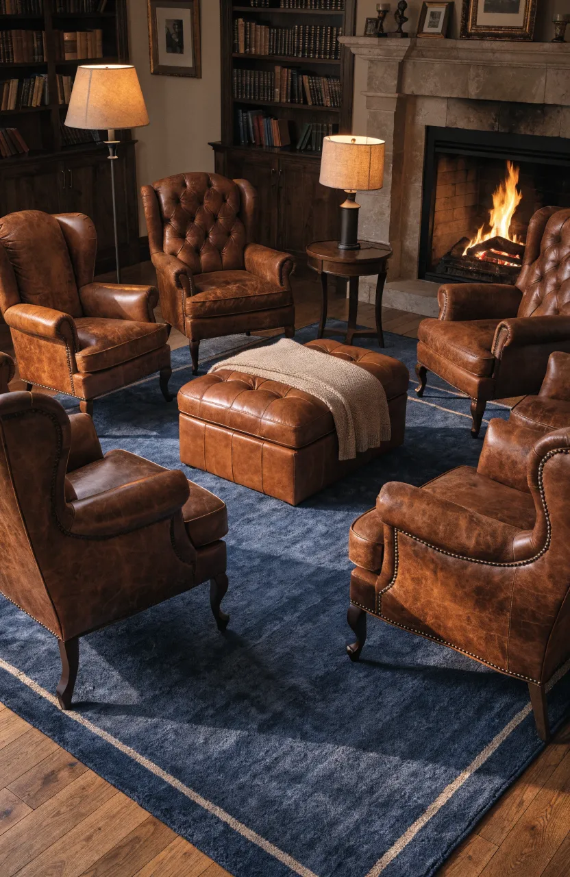 A navy rug paired with a cognac leather ottoman and beige knit throw in a cozy room.