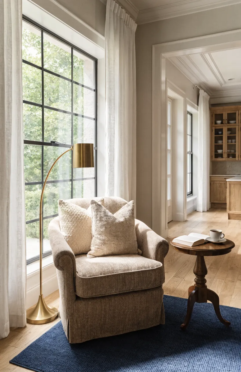 A small navy rug defining a reading nook with a beige armchair in a bright living room corner.