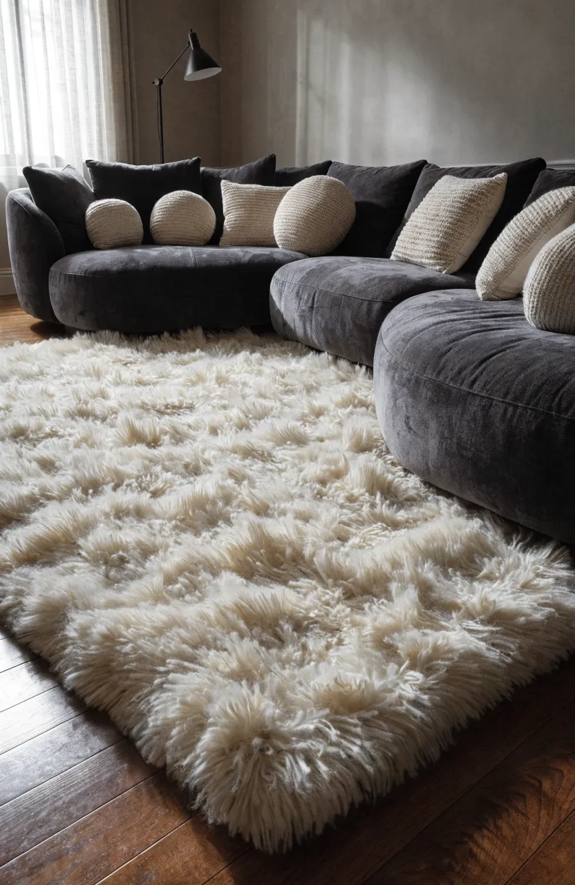 A dark charcoal sofa sitting on a thick, fluffy cream shag rug in a modern, cozy living room.