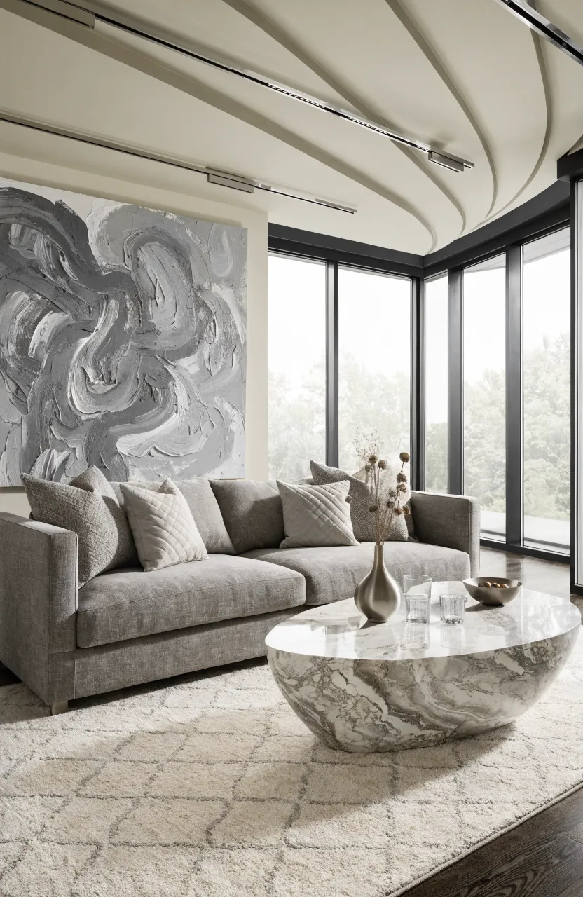 A mid-grey couch paired with a cream rug featuring a subtle geometric diamond pattern.