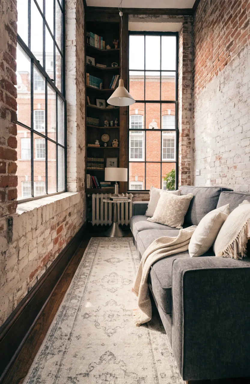 A narrow living room with a grey sofa and a distressed cream vintage runner rug on hardwood.
