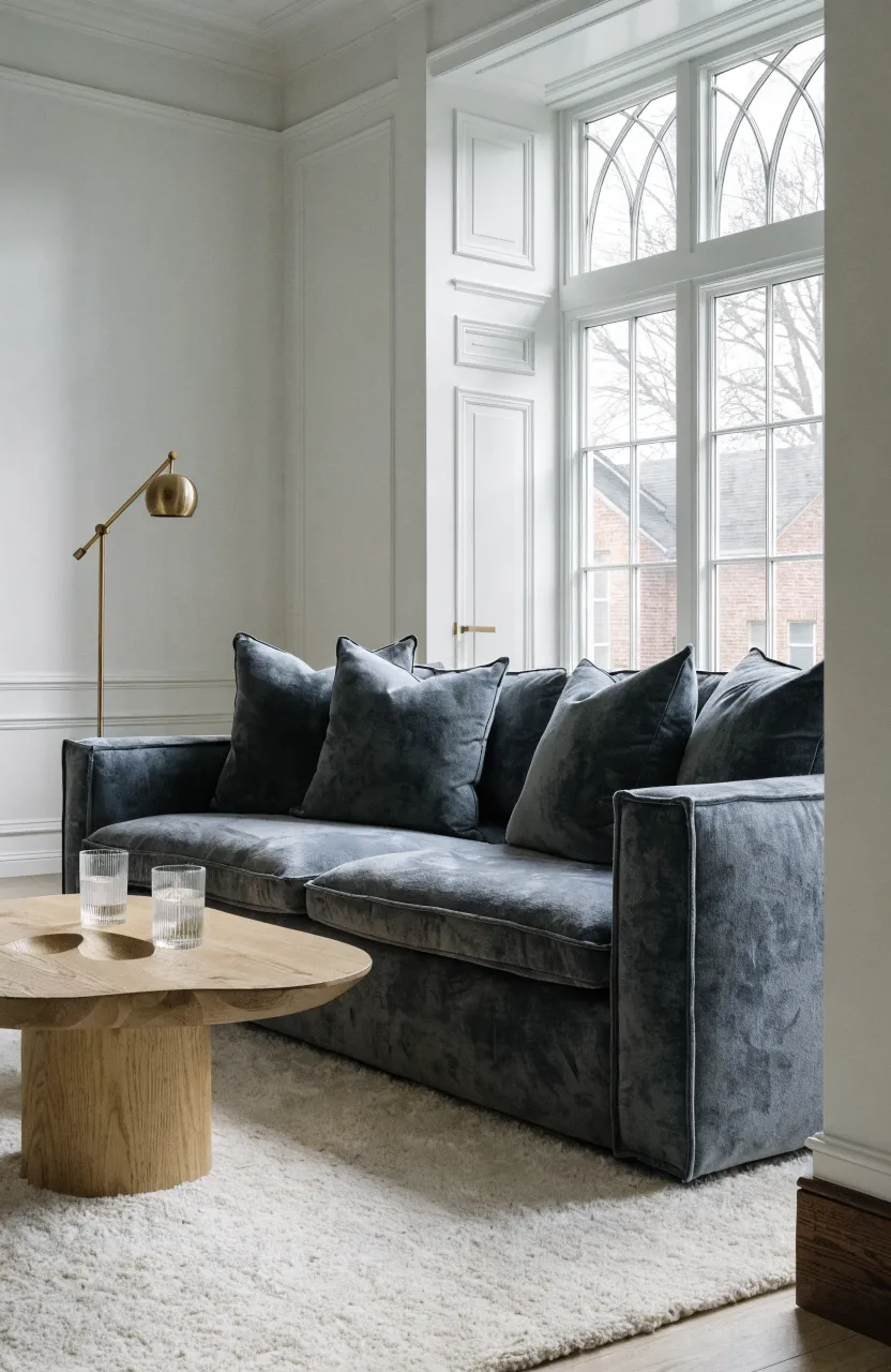 A slate grey sofa on a solid off-white wool rug in a minimalist Scandinavian living room.