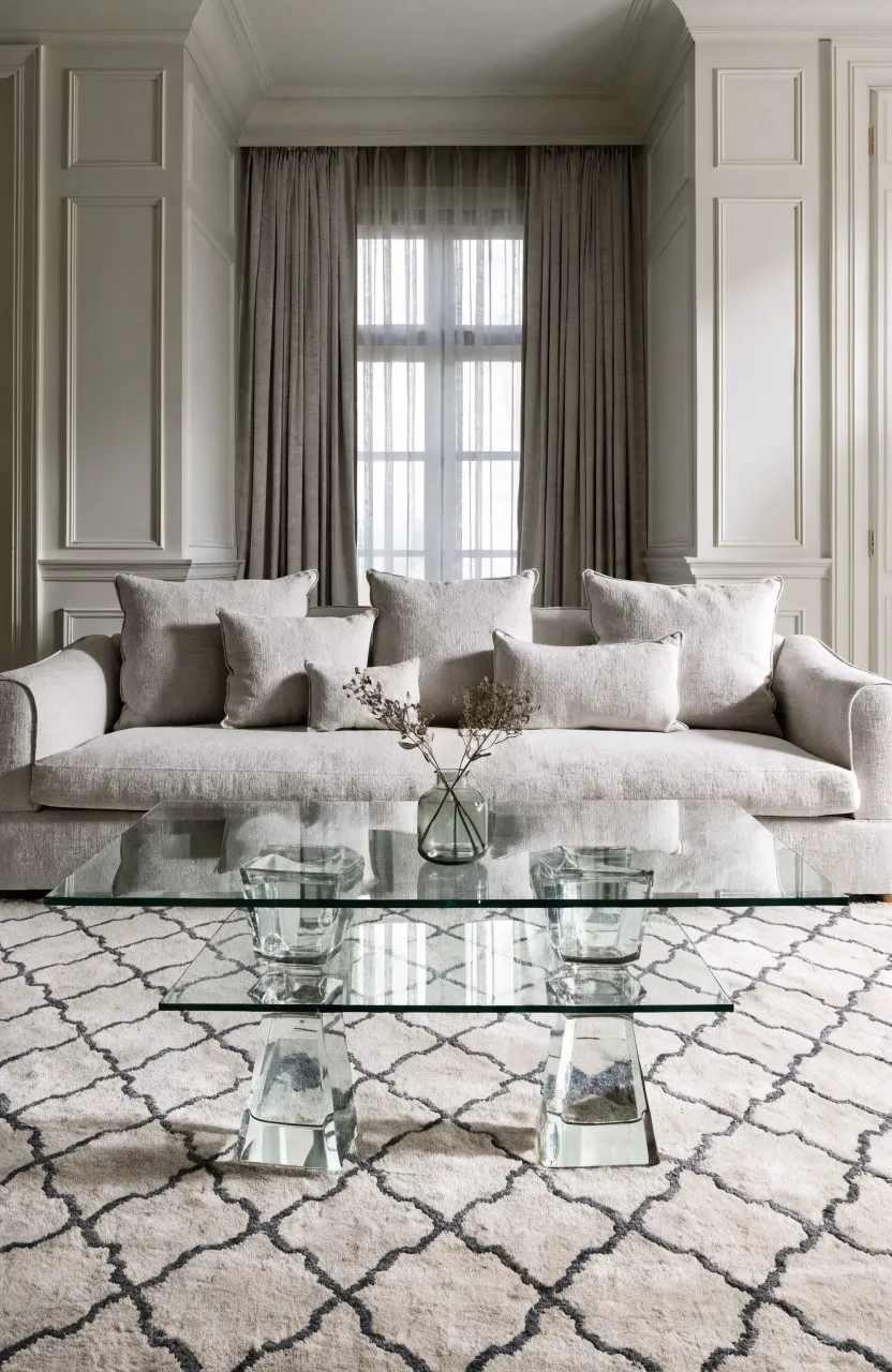 A soft dove grey couch on a cream Moroccan trellis rug with thin charcoal lines.