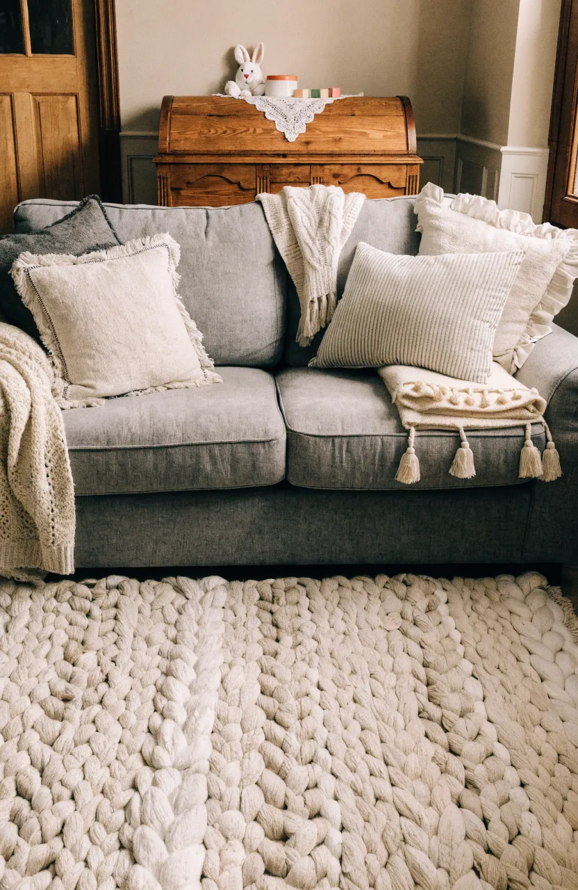 A comfortable grey sofa in a family room with a thick, braided cream cotton rug.