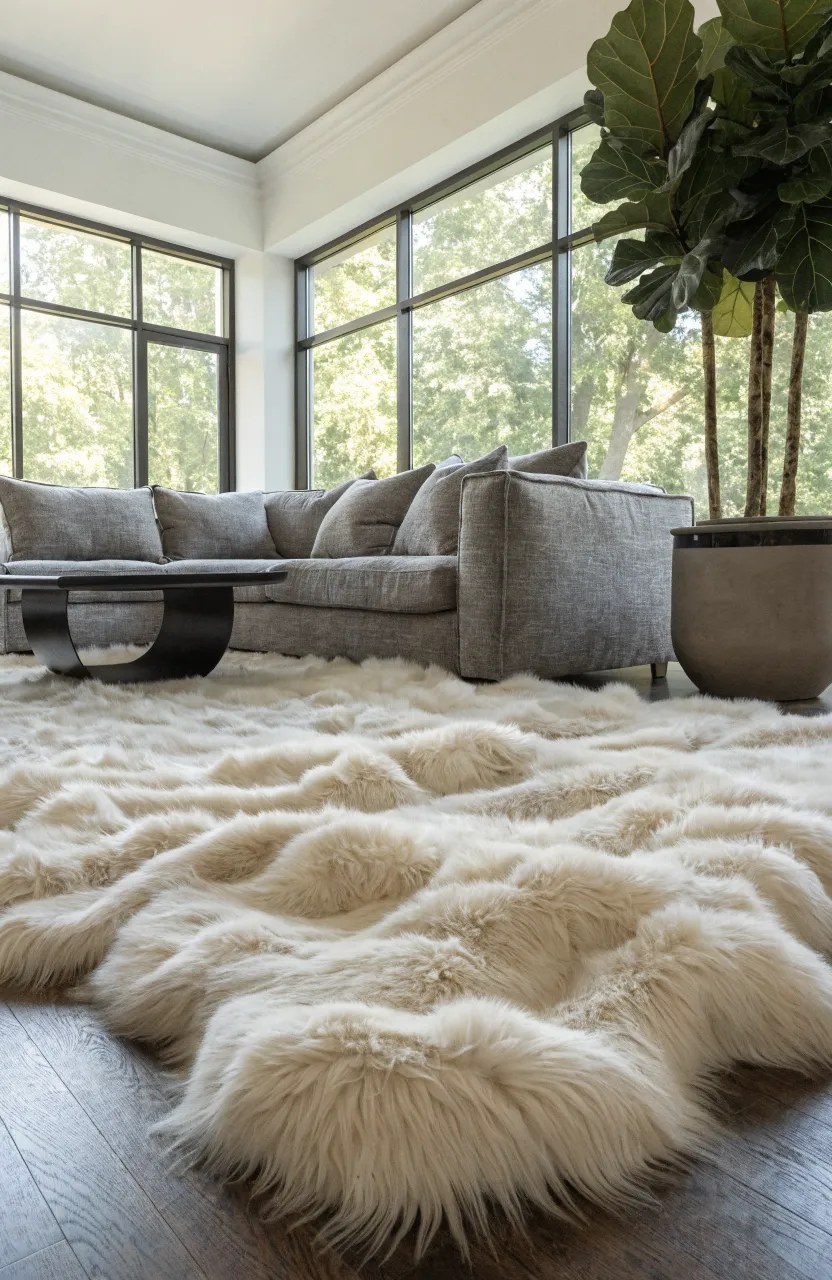 A plush cream faux rabbit fur rug on dark wood floors in front of a modern stone grey sofa.