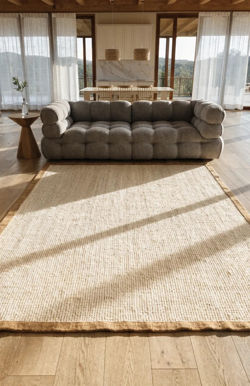A cream sisal rug with a fabric border under a sharp, tailored grey couch in a bright room.