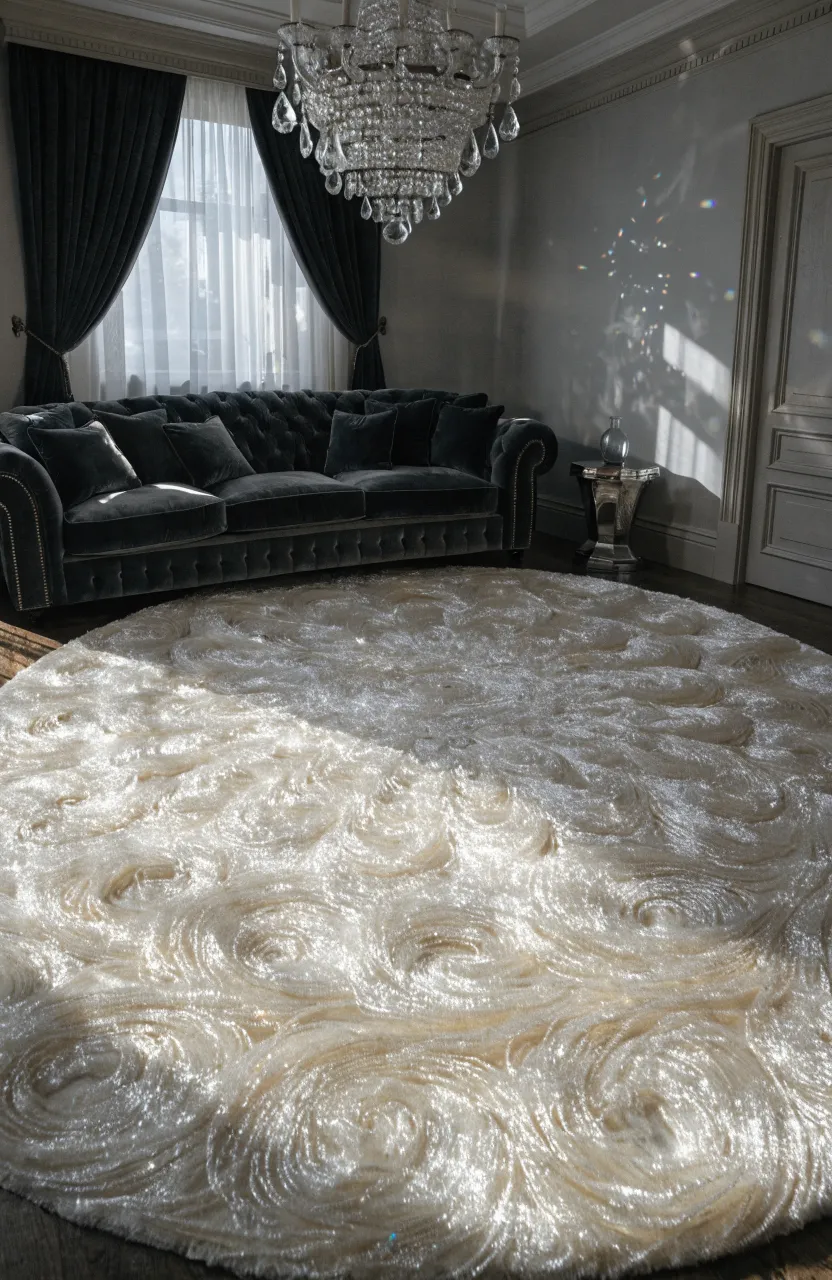 A shimmering cream silk rug paired with a luxurious charcoal grey velvet sofa in a formal room.