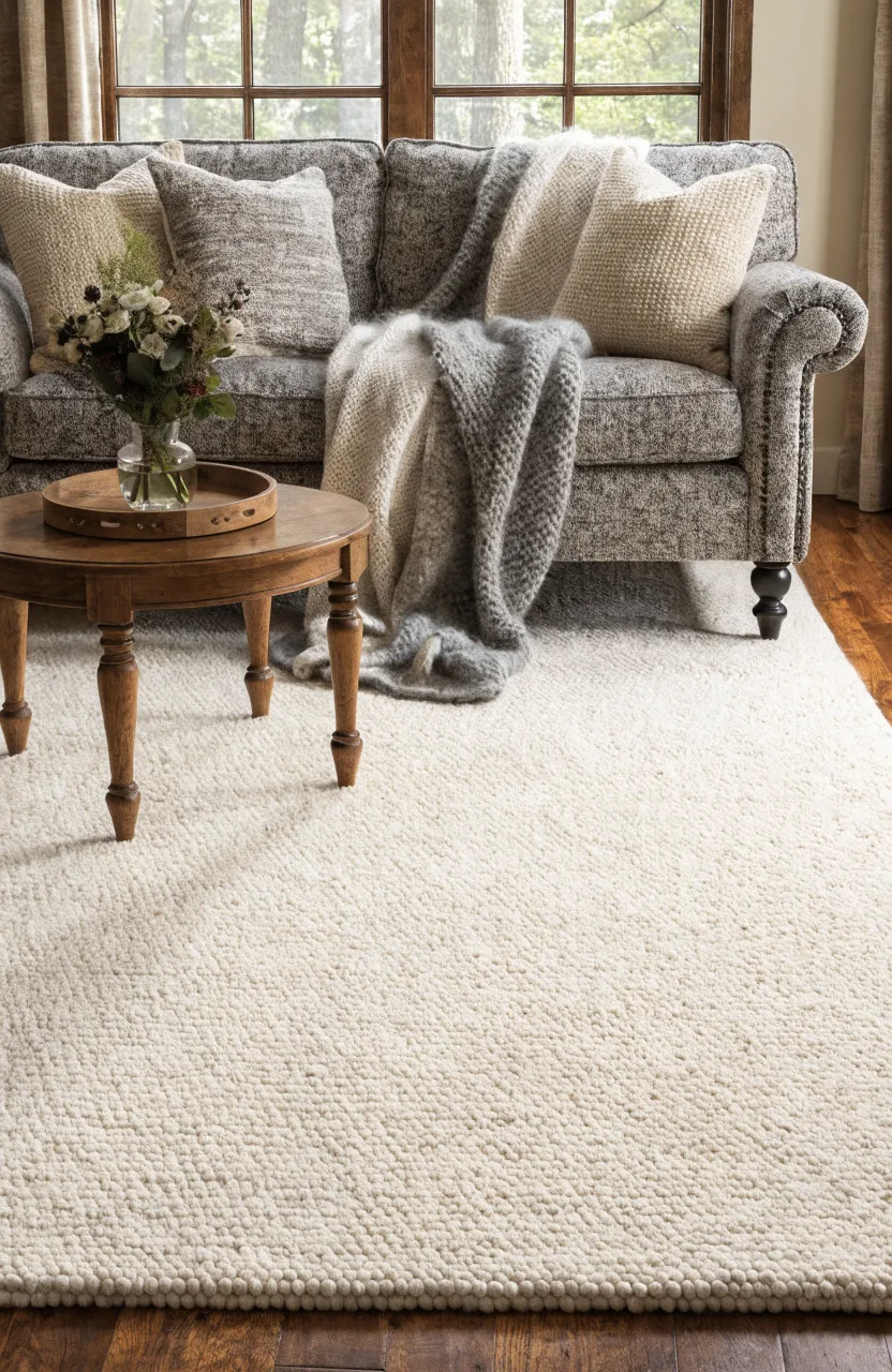 A textured cream loop rug on dark wood floors in front of a heathered grey fabric sofa.