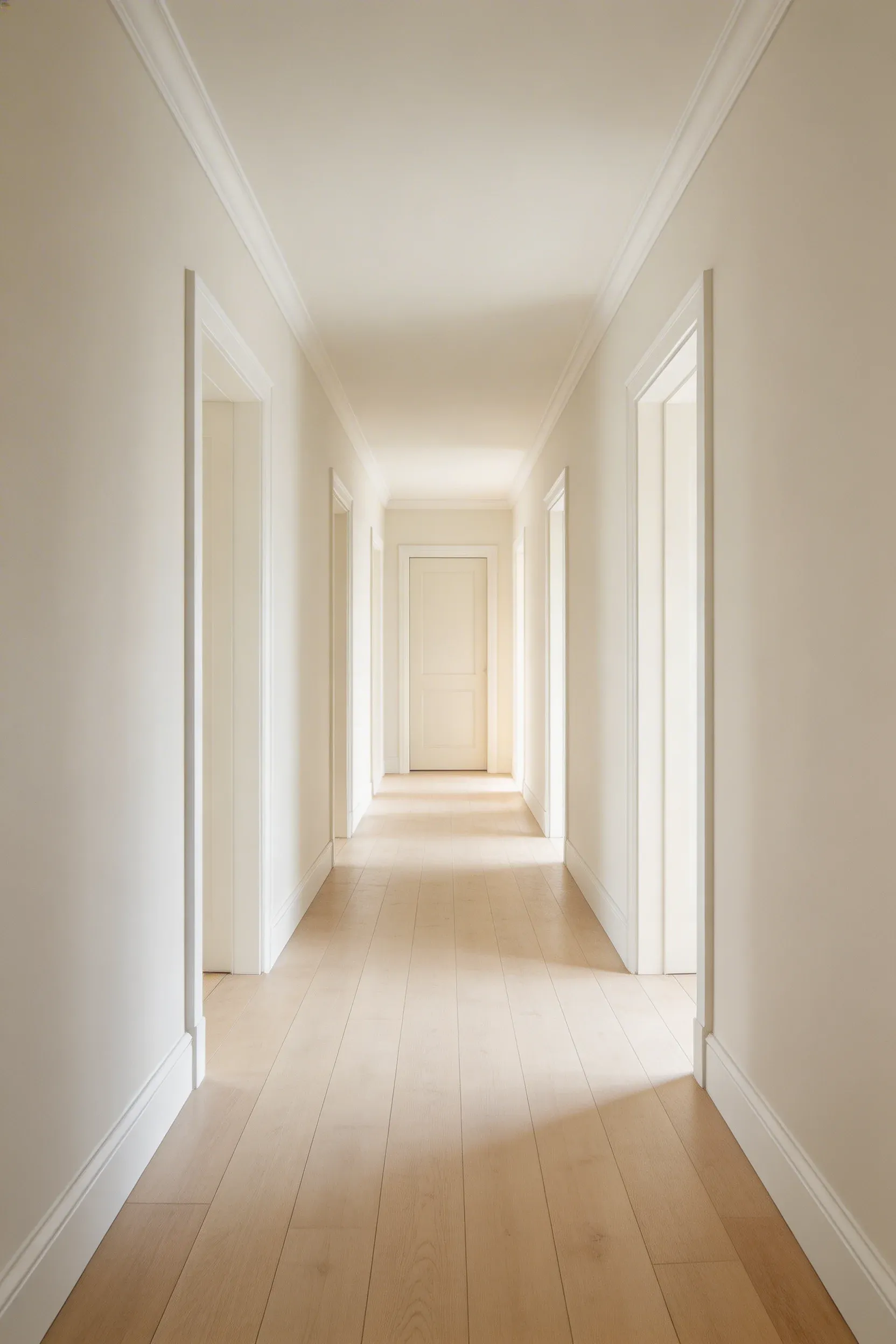A long narrow hallway with off-white walls and crisp white trim creating an airy, spacious feel.