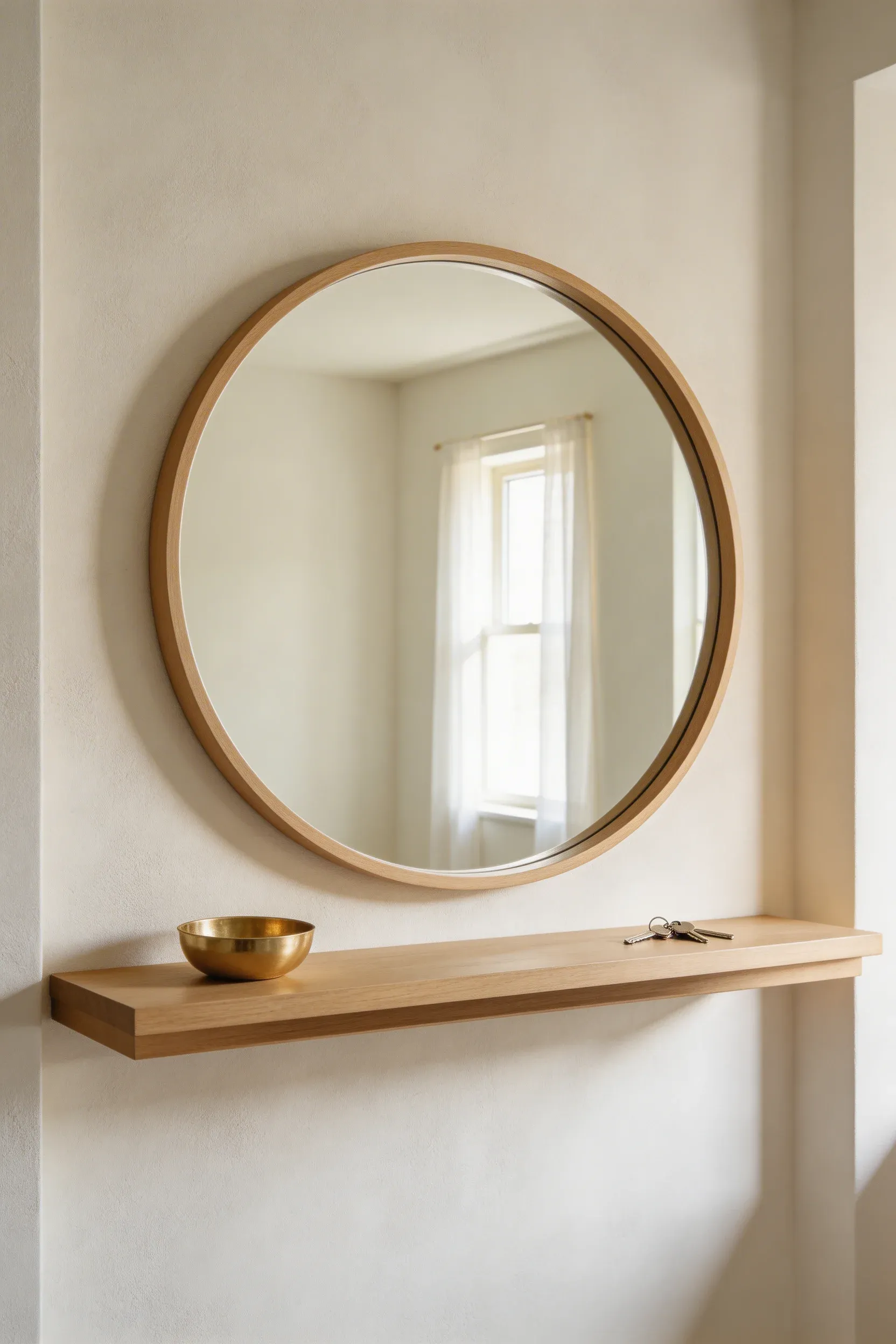 A large round mirror hanging above a small floating wooden shelf in a bright, narrow hallway.