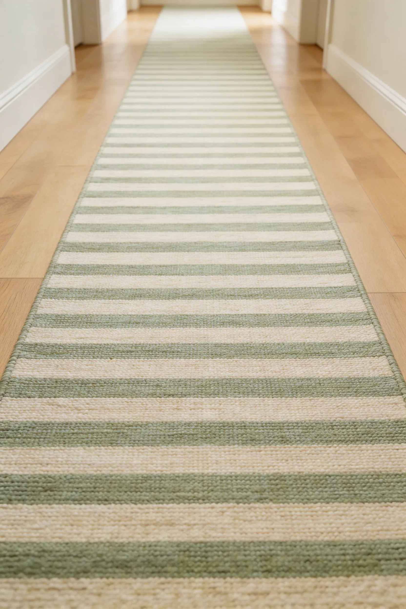 A long patterned wool runner rug stretching down the length of a narrow wooden hallway floor.