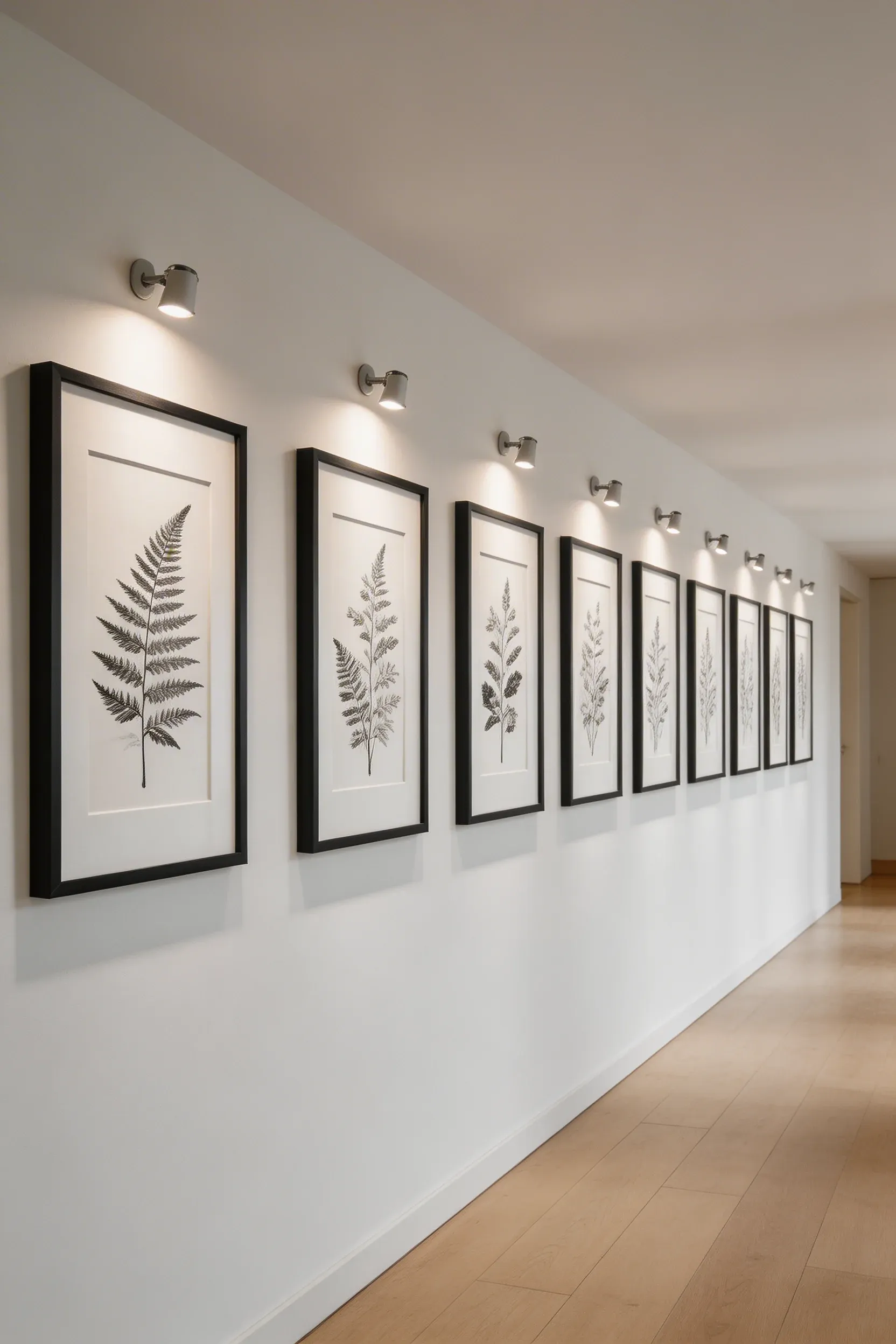 A series of identical black picture frames arranged in a neat line along a narrow hallway wall.