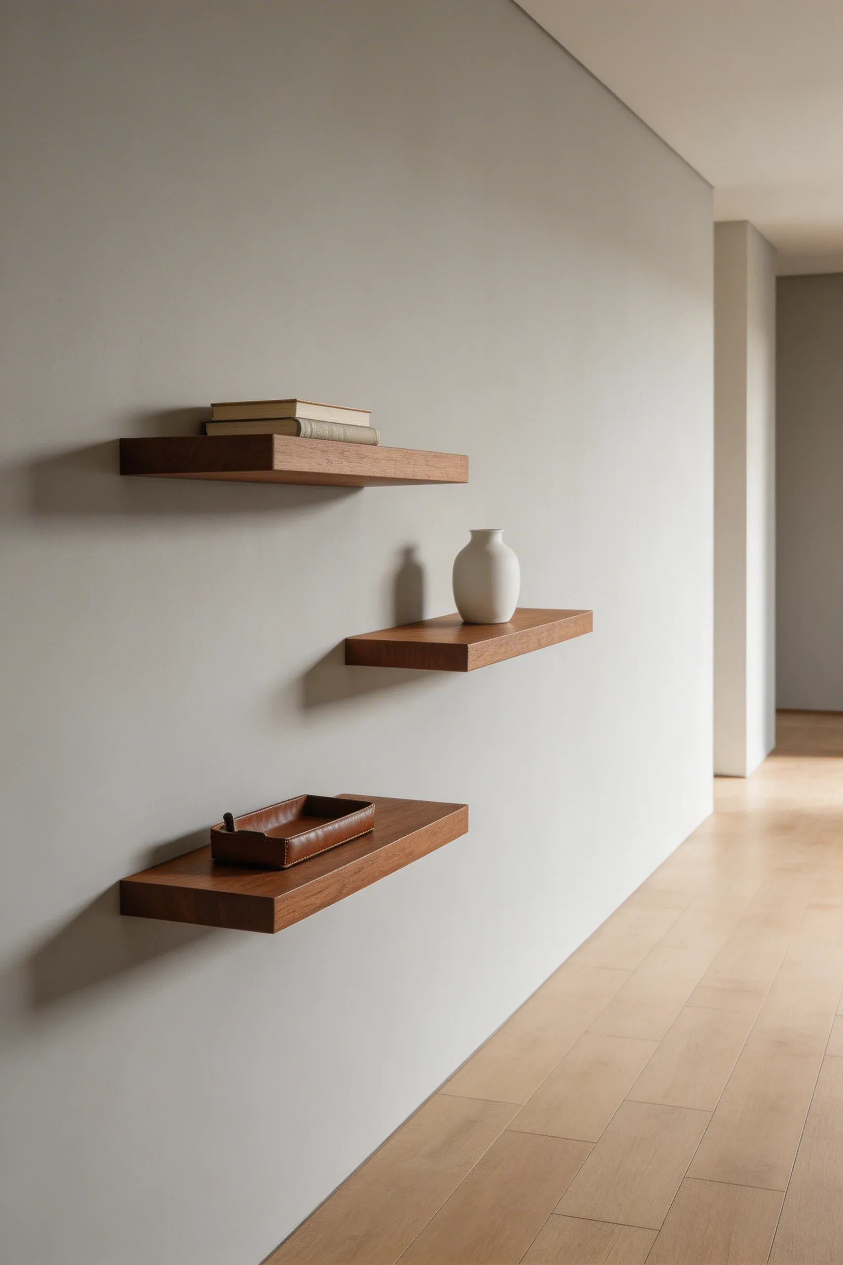 Three staggered wooden floating shelves on a hallway wall used for keys and small decor.
