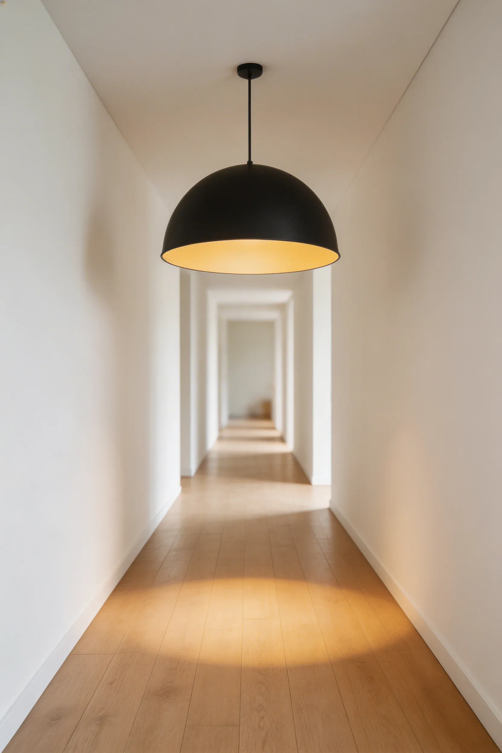 A large black dome pendant light hanging in a bright, narrow modern hallway with light wood floors.