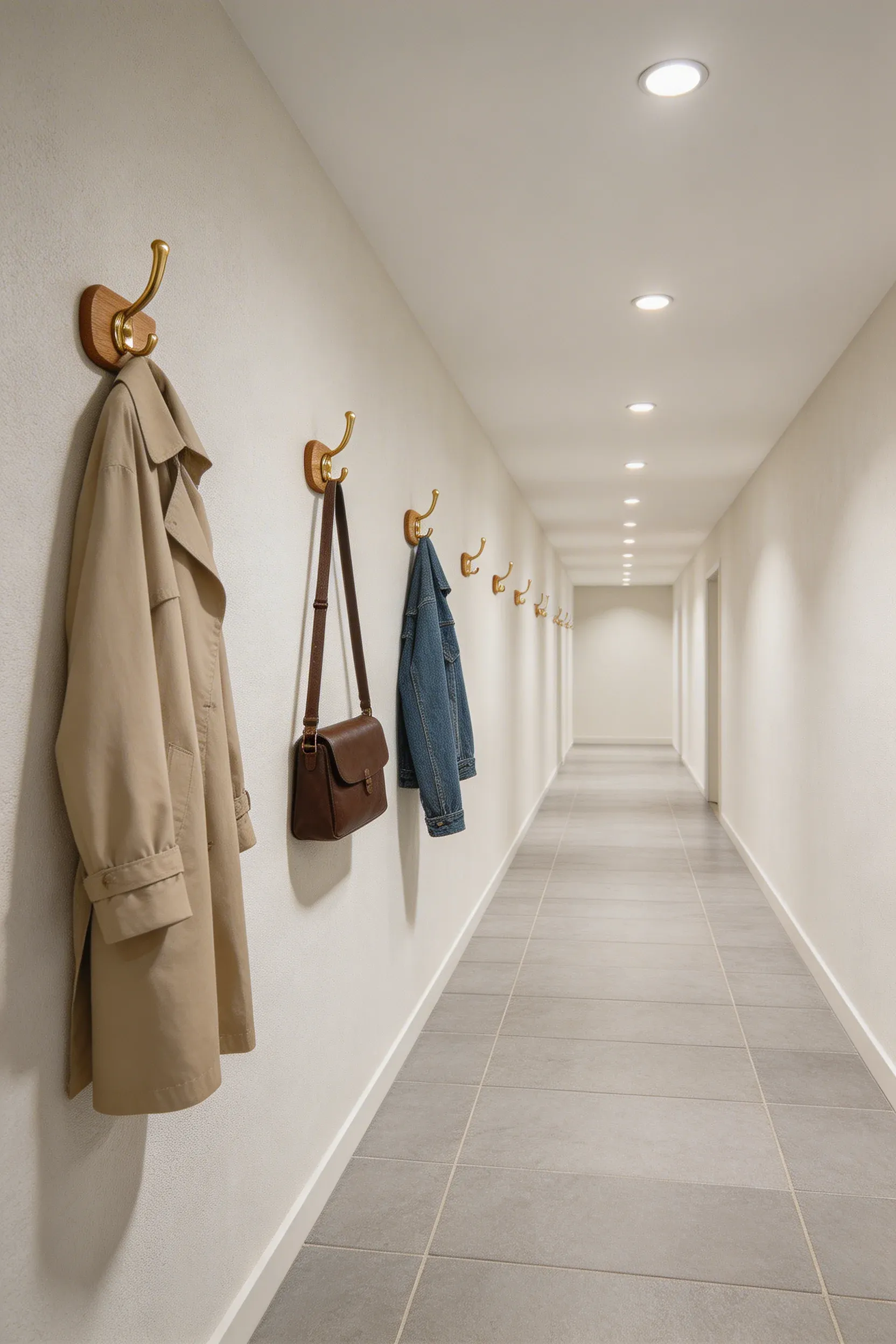 Coats and bags hanging on staggered wooden hooks along a narrow white hallway wall.