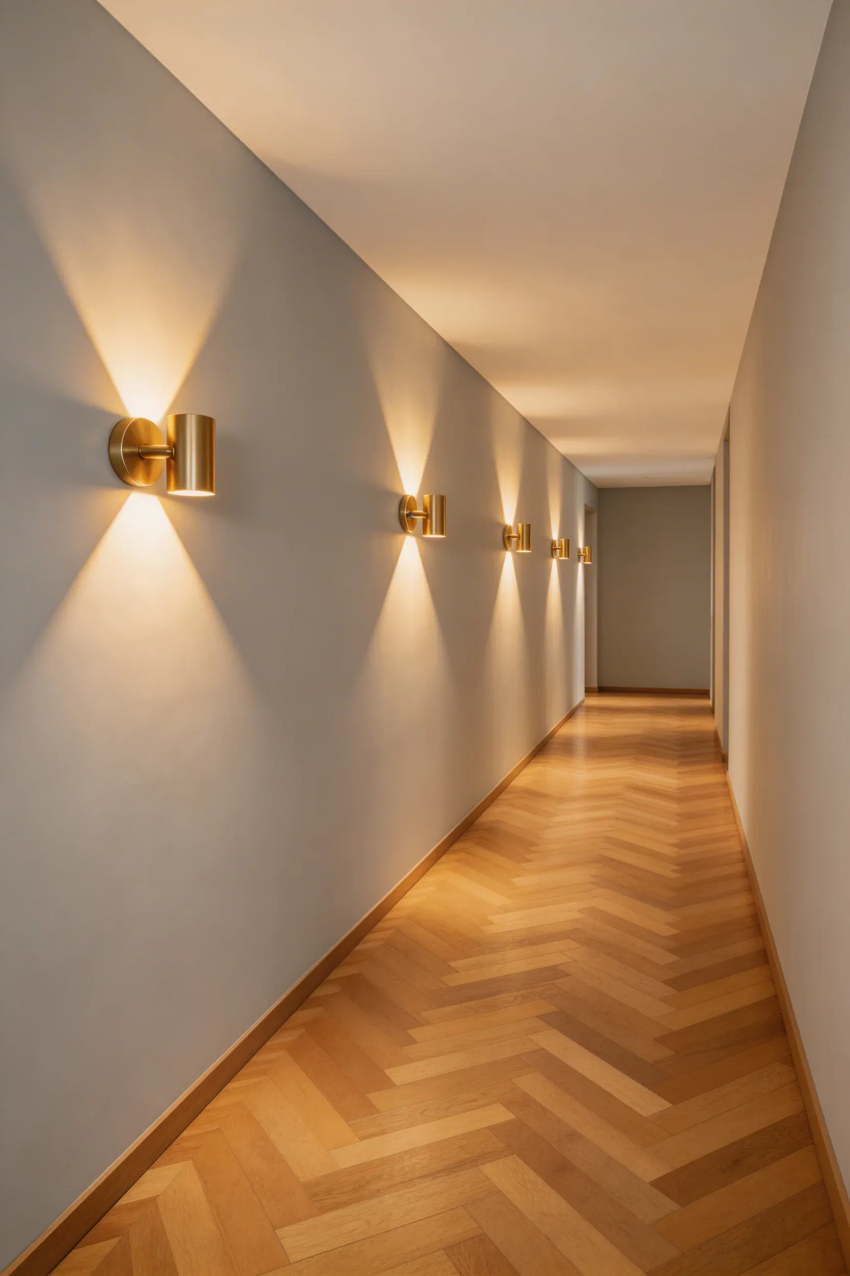 A series of brass wall sconces creating warm light patterns along a long grey hallway wall.