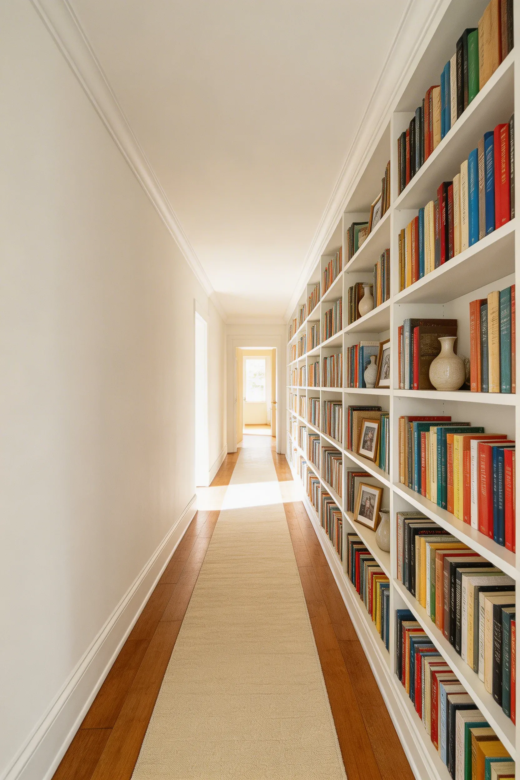 A narrow hallway with a full wall of floor-to-ceiling bookshelves filled with books.