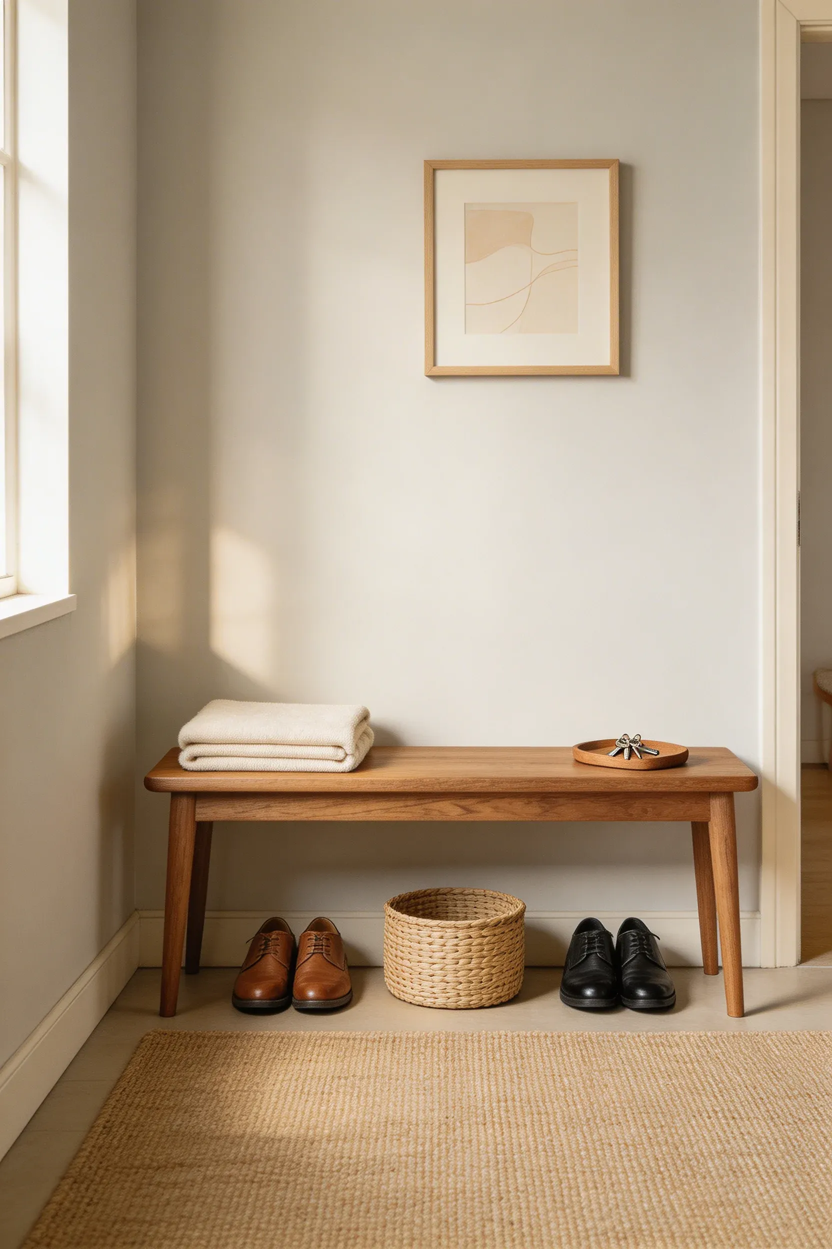 A slim wooden bench with shoes tucked underneath in a bright, narrow hallway entrance.