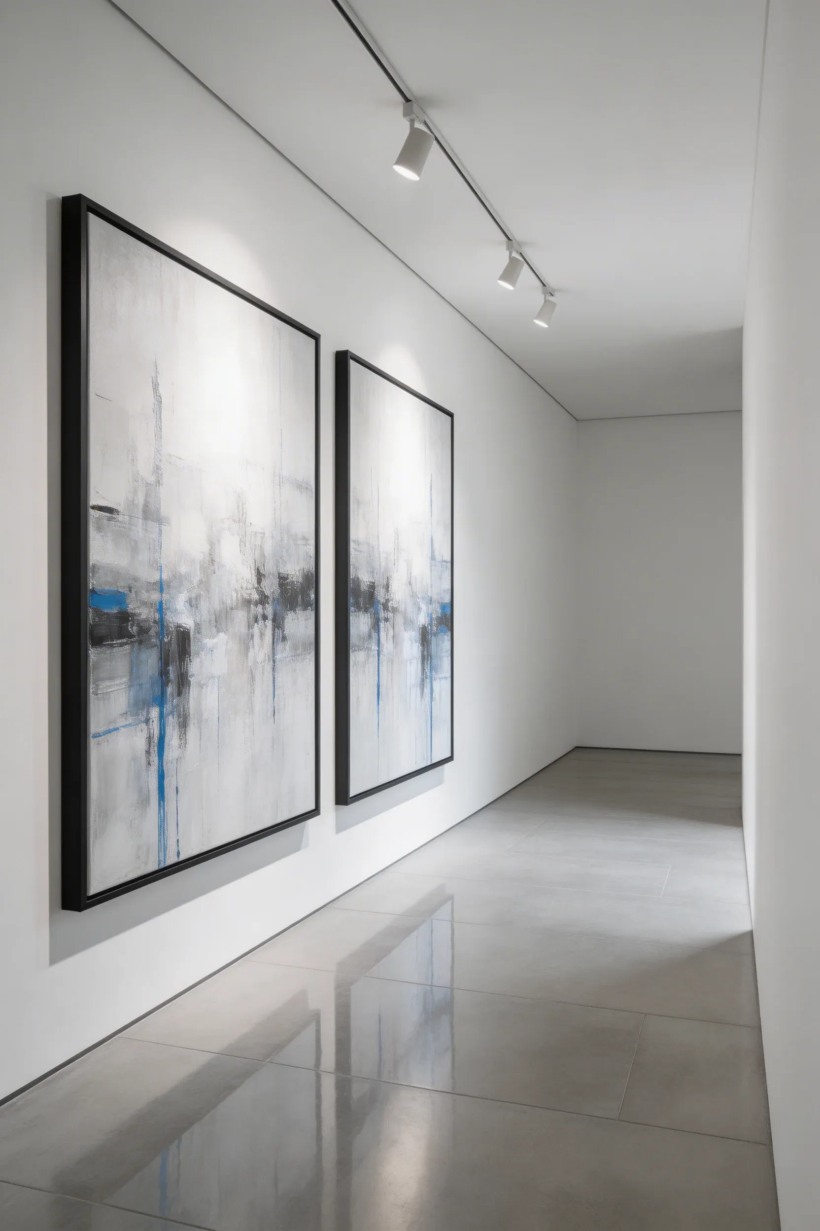 Two large abstract paintings hanging on one side of a long, minimalist white hallway.