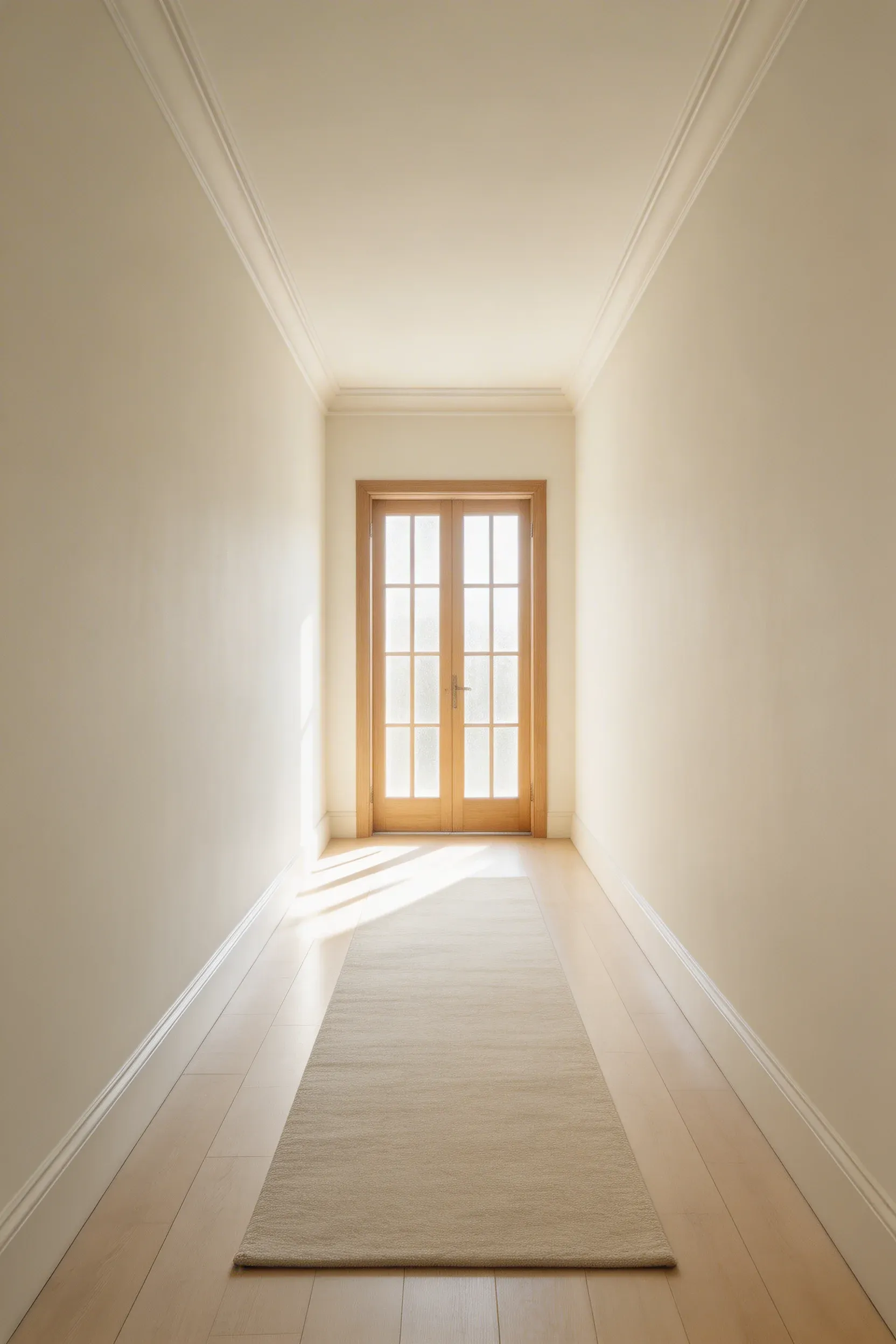 A long narrow hallway illuminated by natural light streaming through a glass-paneled front door.