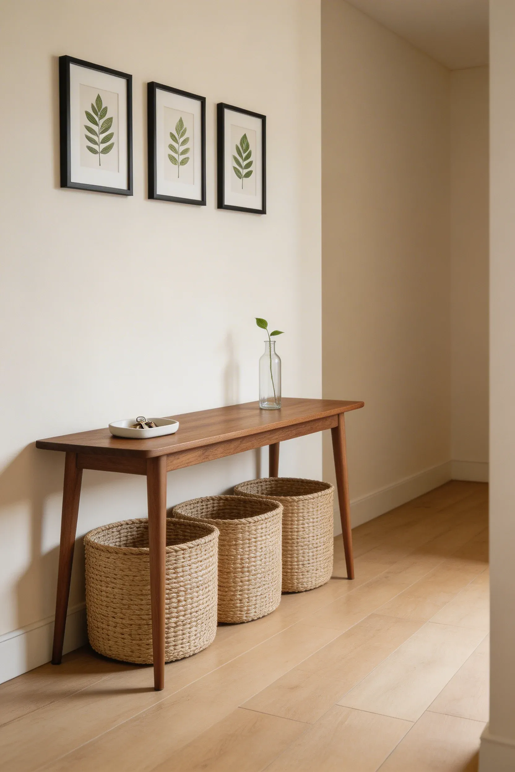 Woven storage baskets tucked under a slim walnut console table in a narrow entrance hallway.